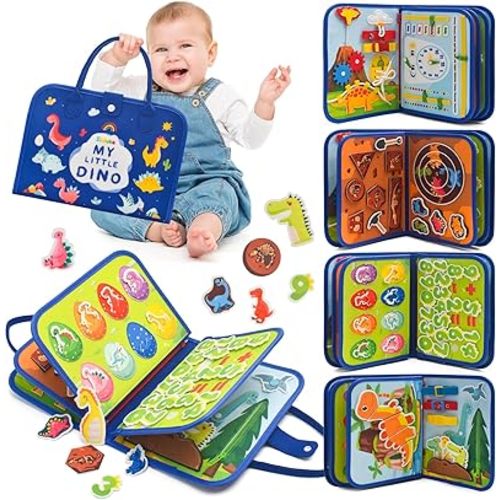 Busy Board Montessori Toys for Toddlers 1 2 3 4 Years Old, Busy Book for Toddlers 1-3 to Develop Fine Motor Skills, Travel Educational Gift for Boys (Dinosaur)