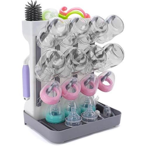 Baby Bottle Drying Rack, Space Saving Vertical Bottle Drying Holder with Brushes Holder - Large Bottle Storage Holder Organizer 12 Bottles & Baby Accessories,BPA-Free, Gray