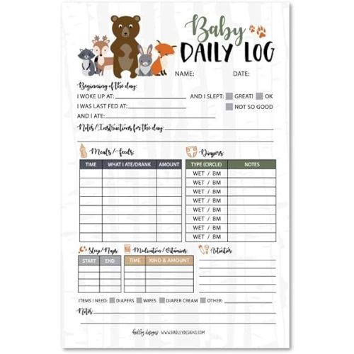 Hadley Designs Nanny Newborn Baby or Toddler Log Tracker Journal Book, Daily Schedule Feeding Sleep Naps Activity Diaper Change Monitor Notes, Supplies for Daycare, Babysitter, Caregiver, 50 Sheet