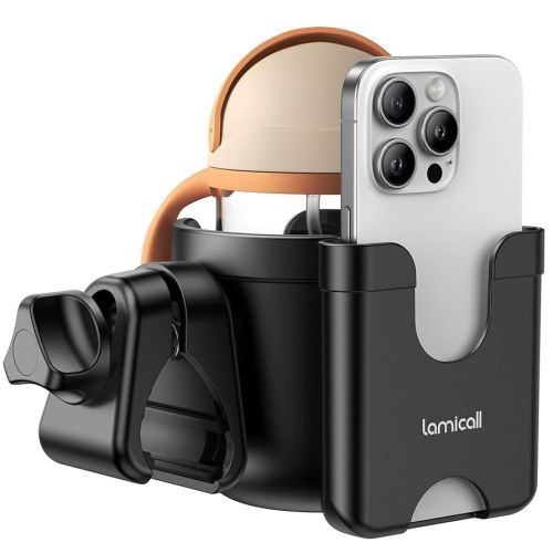 Lamicall Stroller Cup Holder with Phone Holder - 2-in-1 Stable Anti-Slip Stroller Accessories for Uppababy, Doona, Nuna, Jogger, Britax, Bugaboo, Walker, Wheelchair, Bike, Scooter