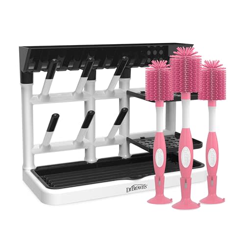 Dr. Brown's Drying Tower, Stand-Up Rack with Soft Touch No Scratch Baby Bottle Cleaning Brush, Pink