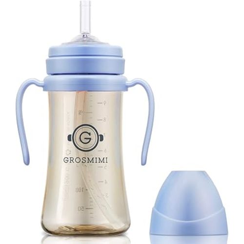 GROSMIMI Spill Proof no Spill Magic Sippy Cup with Straw with Handle for Baby and Toddlers, Customizable, PPSU, BPA Free 10 oz (Sky blue)