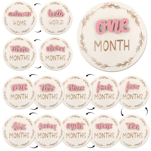 Baby Monthly Milestone Cards, 3D Baby Milestone Signs Pink Monthly Baby Milestone Double Sided Milestone Wooden Circles for Newborn Boy Girl 1-12 Months Baby Milestone Pictures