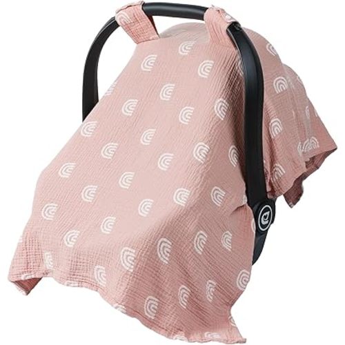 Meracorallo Muslin Baby Car Seat Cover, 100% Organic Cotton Infant Carrier Cover, Lightweight Breathable Soft Carseat Canopy for Baby Boys and Girls (Rainbow)