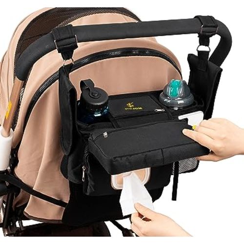 Universal Stroller Organizer with Insulated Cup Holders, Shoulder Strap, Phone Bag and Wipes Pocket. Caddy Fits Uppababy, Baby Jogger, Britax, BOB. Must have Stroller Accessories.