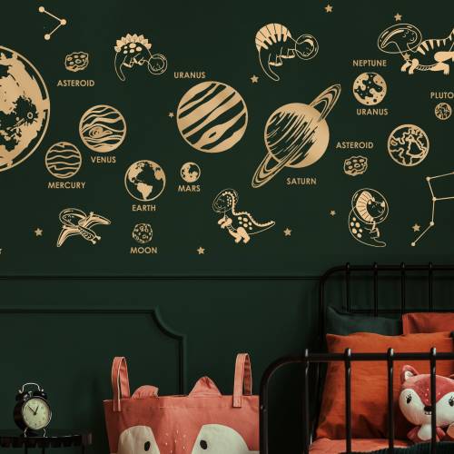 Dinosaur Astronaut, Planets Space Wall Decal, Solar system Sticker, Nursery, Kids Room Decor, Birthday Gift Boy Girl, Peel and Stick