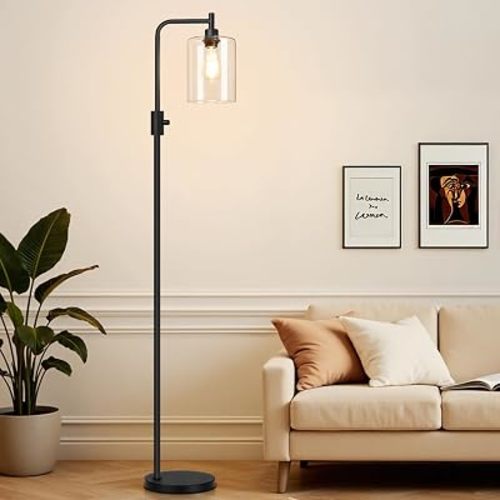 【Upgraded】Dimmable Floor Lamp for Living Room with Glass Shade, Black Modern Industrial Floor Lamp with 900LM LED Bulb Included, Bright Standing Tall Lamp for Bedroom, Office, Reading Room, Corner