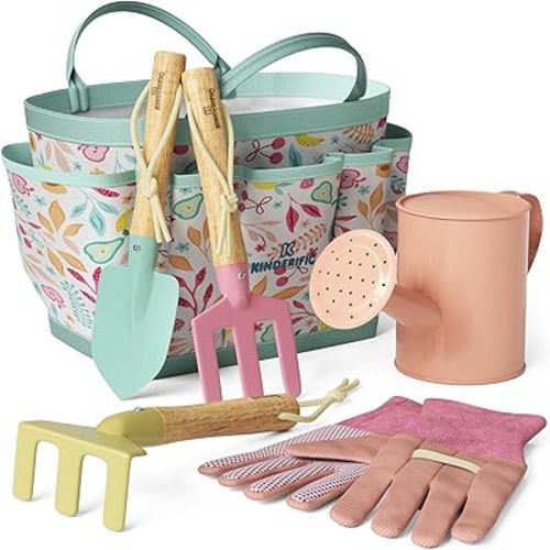 Kinderific Gardening Set, Tool Kit, for Kids, STEM, Includes Tote Bag, Spade, Watering Can, Rake, Fork, Trowel and Gloves, Fruity