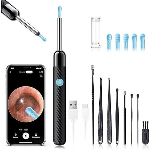 Ear Wax Removal - Earwax Remover Tool with 8 Pcs Ear Set - Ear Canal Cleaner with 1080P Camera - FSA HSA Eligible - Ear Cleaning Kit with 6 Ear Spoon - Ear Camera for iOS & Android (Black)