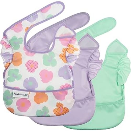 Tiny Twinkle Mess-Proof Baby Bib - Waterproof Bib for Baby Girl - Machine Washable - Adjustable Closure - PVC, BPA, & Phthalate Free - Great for Travel - Baby Food Bibs (3 Pack, Floral Pop)