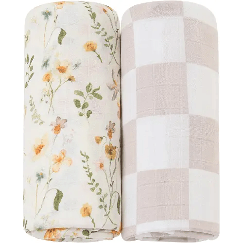 LifeTree Muslin Swaddle Blanket for Baby Girl, 2-Pack Viscose Bamboo Cotton Large Swaddle Blankets (47" x 47"), Floral & Dusty Pink Checkered