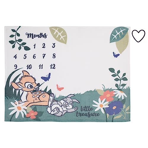 Disney Bambi White and Green Little Treasure Super Soft Photo Op Milestone Baby Blanket