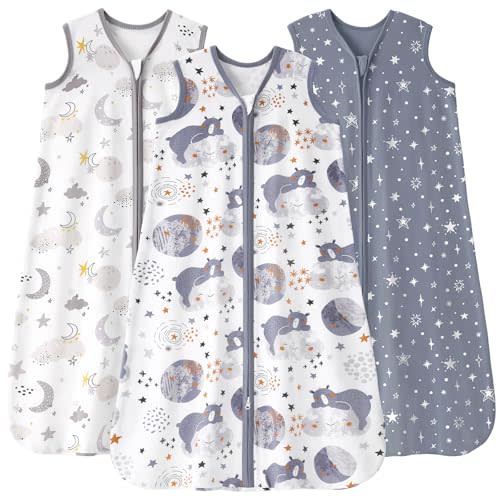 FIEMOL Baby Sleep Sack 0-6 months, 100% Cotton Sleeping Sack for Newborn and Infant, 3 Pack Baby Wearable Blanket for Boy and Girl, 0.5 Tog Lightweight Double Zipper Sleep Bag Grey Moon Bear