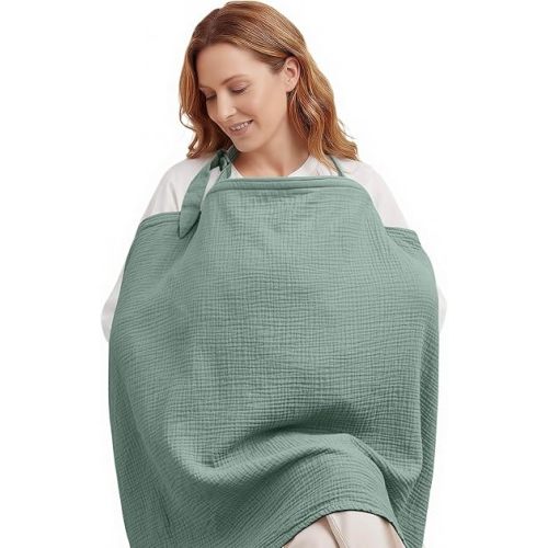 Blissful Diary Muslin Nursing Cover for Breastfeeding, Breathable Breastfeeding Cover up with Arch Neckline for Women, Nursing Apron (Roman Green)