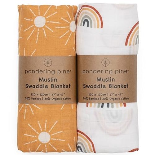 Organic Baby Muslin Swaddle Blankets - Sun and Rainbow Swaddle Blanket 2 Pack - Soft Organic Cotton and Natural Bamboo Muslin, XLarge and Breathable, Boho Baby, 47" X 47" - Rainbow, Sun