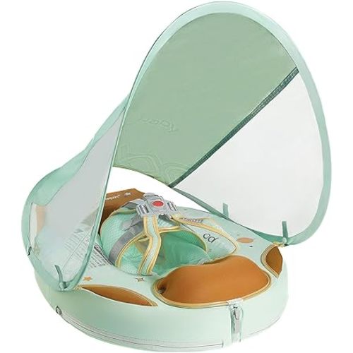 Mambobaby Non-Inflatable Baby Pool Float with Tail and Canopy UPF 50+ Sun Protection No Flip Over Infant Swim Float Skin-Friendly Mambo Float Swim Trainer Solid Baby Swimming Ring Foldable Style