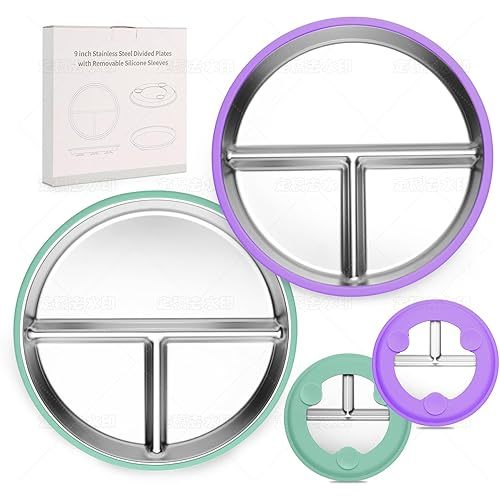 Stainless Steel Toddler Plate, 2 Pcs Kids Suction Plates, 9" Stainless Steel Baby Plates, Non Toxic & BPA Free Non Slip, Dishwasher & Microwave Safe
