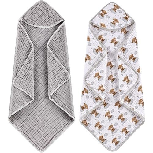 Hahafelt 2 Pcs Highland Cow Baby Hooded Towels for Newborn 100% Muslin Cotton Baby Bath Towel with Hood for Babies Infant Toddler and Kids Large 32x32inch Soft Absorbent Kids Essential Gift