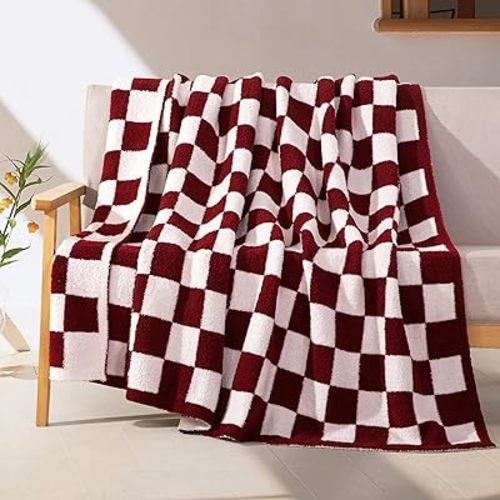 Elegant Comfort Premium Checkered Reversible Throw Blanket - Ultra Soft and Lightweight, Luxury Knitted Breathable Fleece for Couch, Bed, Sofa - Warm Velvet Fluffy Throw, 50 x 70 Inch, Burgundy