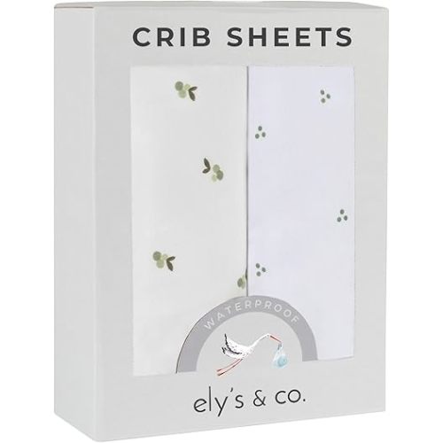 Ely's & Co. Patent Pending Waterproof Pack and Play Sheets, 100% Cotton with Waterproof Lining – 2 Pack Fitted Mini Crib Sheet Set, Berry and Cluster Dot (Sage) 38” x 24”