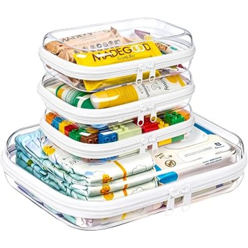 4 Pack Diaper Bag Organizer Pouches, Clear Hard Shell Zipper Cases for Baby Essentials, Toiletry Bag for Travel, Makeup Bag, Toy Storage Bins, Waterproof Storage Box for Pacifier Snacks Wipes Clothes
