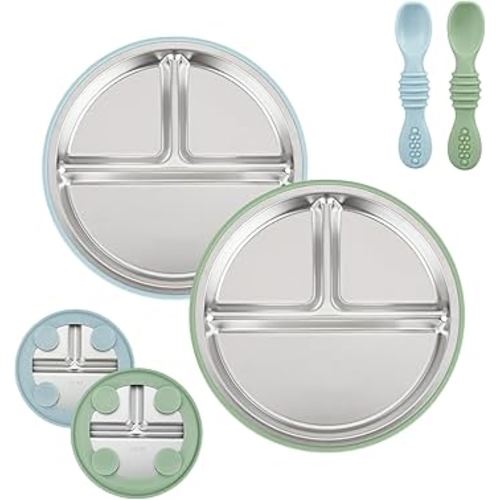 PandaEar 2 Pack Stainless Steel Baby Suction Plates & 2 Pack Spoons, Toddler Utensils Baby Feeding Set, Divided Plates for Baby Led Weaning Supplies, BPA-Free (Blue/Green)