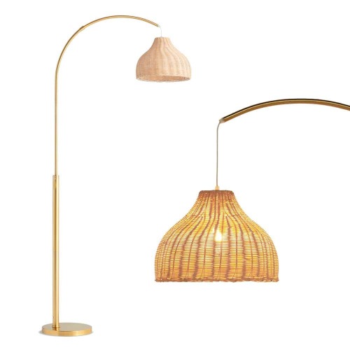 Lark 75 in. Antique Brass Mid-Century Modern 1-Light LED Energy Efficient Floor Lamp with Beige Bamboo Empire Shade