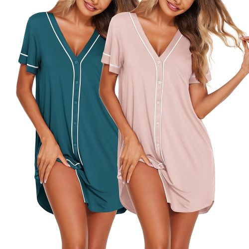 Ekouaer Nightgowns for Women 2 Pack Button Down Sleep Shirts Short Sleeve Night Shirts V Neck Sleepwear Soft Pajama Dress