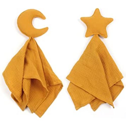 Stars and Moon Soft Security Blanket Baby Lovey Baby Gifts for Newborn Boys and Girls Baby Muslin Swaddle Blanket (Turmeric)