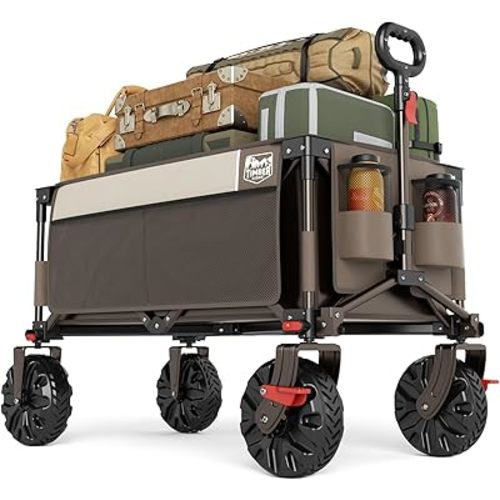 TIMBER RIDGE Outdoor Collapsible Wagon Utility Folding Cart Heavy Duty All Terrain Wheels for Shopping Camping Garden with Side Bag and Cup Holders,Tan