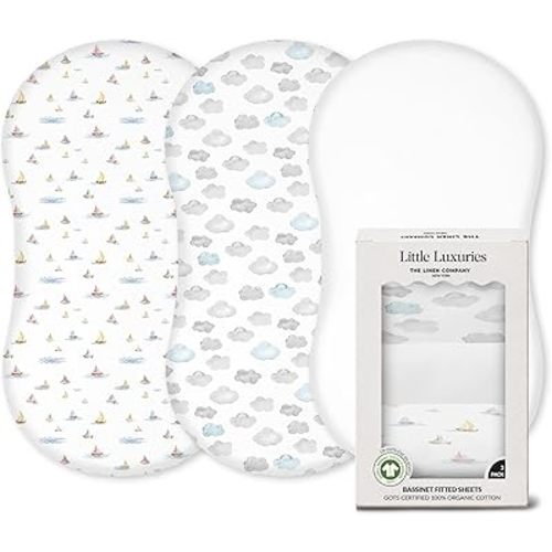 100% Organic Cotton Bassinet Sheets (3 Pack) - Ideal For Halo Bassinest Mattress - GOTS Certified - Pre-Shrunk Sheet for Hourglass Mattress - Breathable Percale Weave Soften with Each Wash (30" x 16")