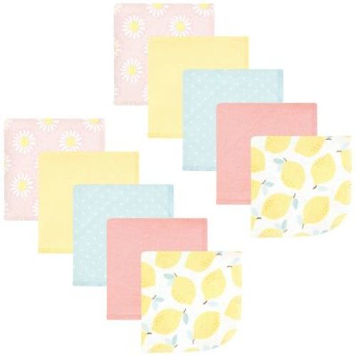 Hudson Baby Infant Girl Cotton Poly Flannel Washcloths, Lemon Daisy 10 Pack, One Size