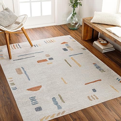 Mark&Day Washable Rugs, 6x9 Elbing Modern Beige Area Rug, Beige Orange Blue Carpet for Living Room, Bedroom or Kitchen (6'7" x 9', Machine Washable)