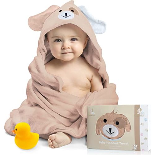 FOREVERPURE Baby Registry Hooded Towel 100% Organic Bamboo Cotton, Super Absorbent, for Boys and Girls. Ultra Soft, X-Large, 35 x 35 inches. Perfect with Washcloth and Greeting Card (Brown) - 35.00" x 35.00" - Brown Puppy