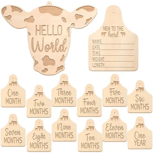 Huray Rayho Cow Baby Monthly Cards Rustic Wooden Herd Cattle Newborn Photography Props to Record Your Baby´s Growth, Gift Set of 14 Reversible Cards for Pregnancy and Baby Shower