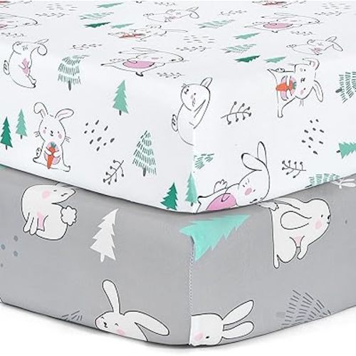 BROLEX 2 Pack Mini Crib Sheets, Stretchy Portable Fitted Playard Sheet Set, Convertible Playard Mattress Cover, Ultra Soft Breathable Polyester, Pink-Bellied Rabbit