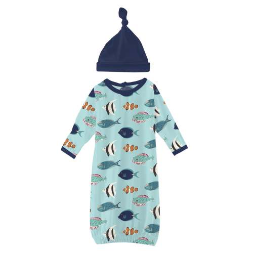 Print Layette Gown & Single Knot Hat Set in Tropical Fish