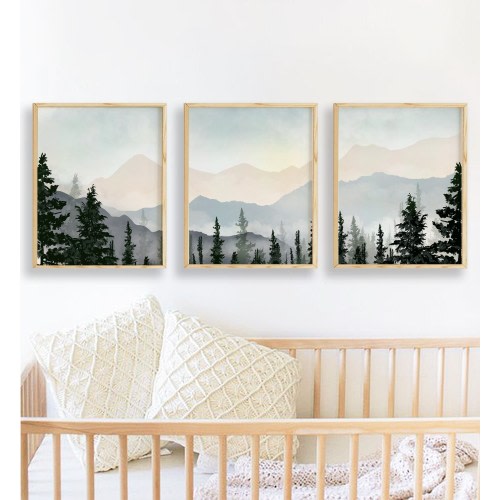 Woodland Forrest Mountain Watercolor Nursery Print Set, Forest Nursery Art 3 Piece Forest Wall Art Print, Set of 3 Forest Landscape Art
