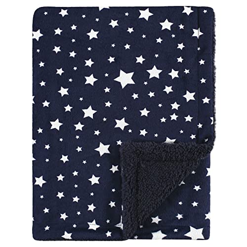 Hudson Baby Unisex Baby Plush Mink and Sherpa Blanket, Navy Star, One Size
