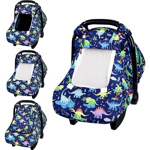 Baby Car Seat Cover, Windproof Carseat Cover for Infant Boys, Infant Breathable Carseat Canopy, Compatible with Most Baby Car Seat, Dinosaur