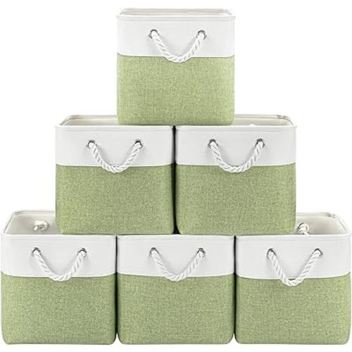 11x11 Cube Storage Bins, 6 Pack Foldable Fabric Organizer Bins with Rope Handles, Storage Cubes for Organizing Bedroom, Living Room, Clothes and Toys, Shelves and Closet (White & Green)
