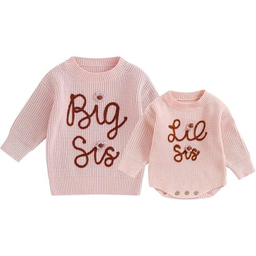 Toddler Baby Girls Knit Sweaters Big Lil Sister Matching Sweater Kids Crewneck Pull-on Oversized Fall Knitwear Tops