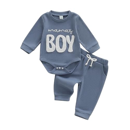allshope Newborn Baby Boy Fall Outfit Romper Long Sleeve Mama Boy Embroidery Jumpsuit Bodysuit Pants Infant Waffle Clothes
