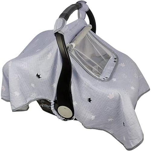 ICOPUCA Car seat Covers for Babies, Kick-Proof carseat Cover boy Girls, carseat Canopy with Window, Light Weight Muslin, fit Summer/Autumn/Spring, Neutral, Grey Crown;