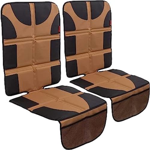 Lusso Gear Car Seat Protector Value Twin Pack, Thick Padding, 2 Mesh Storage Pockets, Waterproof, Protects Fabric or Leather Seats from Child Car Seat and Pets, Non-Slip Rubber Padded Backing, Tan