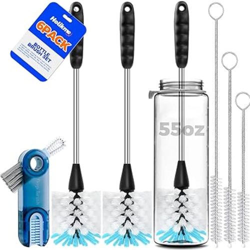 Holikme 6 Pack Bottle Brush Set, 14" Long Handle Stainless Steel Bottle Cleaner Brush, 3 Straw Brushes, 3-in-1 Bottle Cleaning Brush for Water Bottle, Baby Bottle, Blue&White