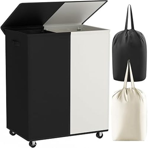 Chrislley Double Laundry Hamper with Wheels 160L Large Laundry Basket with Lid,Rolling Dirty Clothes Hamper 2 section with Removable Liner Bags, Collapsible Organizer for Bedroom,Dorm,Black and Beige