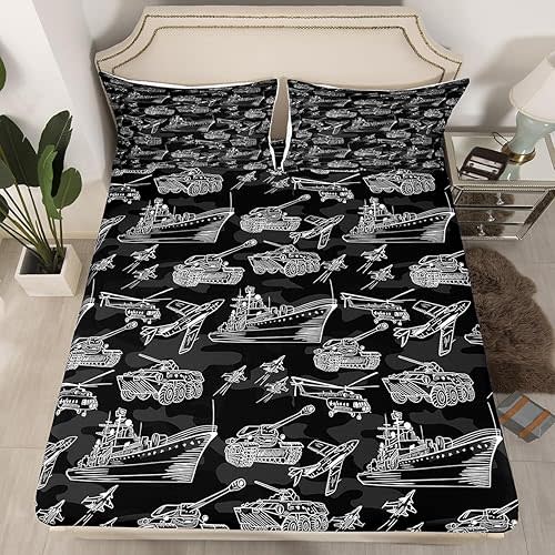 Manfei War Theme Fitted Sheet Twin Size, Aircraft Tank Ship Bed Cover with 1 Pillowcase, Black Army Camouflage Bedding Set 2pcs for Kids Boys Teen Room Decor, Soft Polyester Bedding