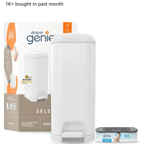 Diaper Genie Select Pail is made of durable stainless steel and includes 1 starter square refill That can hold up to 165 newborn-sized diapers.