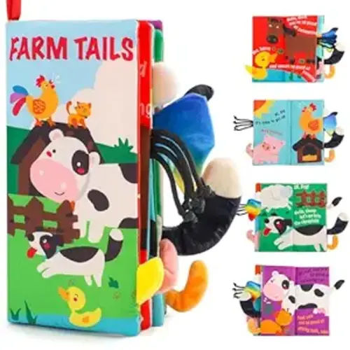 beiens Baby Books Toys, Touch and Feel Crinkle Cloth Books for Babies, Infants & Toddler, Early Development Interactive Car & Stroller Soft Toys for Boys & Girls (Farm Tails-1 Book)
